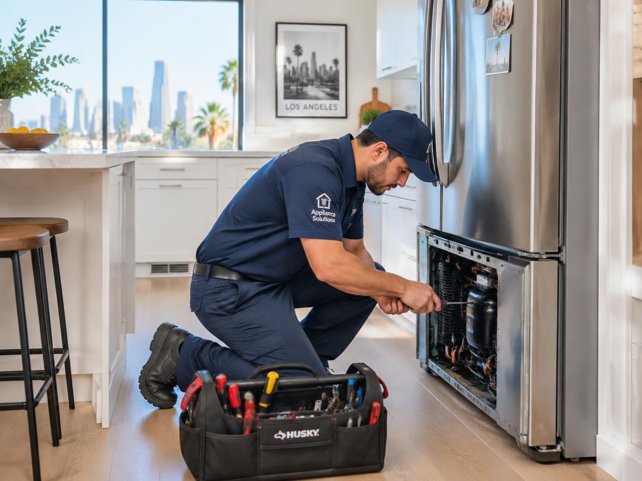 FixPro technician repairing a stainless steel refrigerator in a Los Angeles kitchen